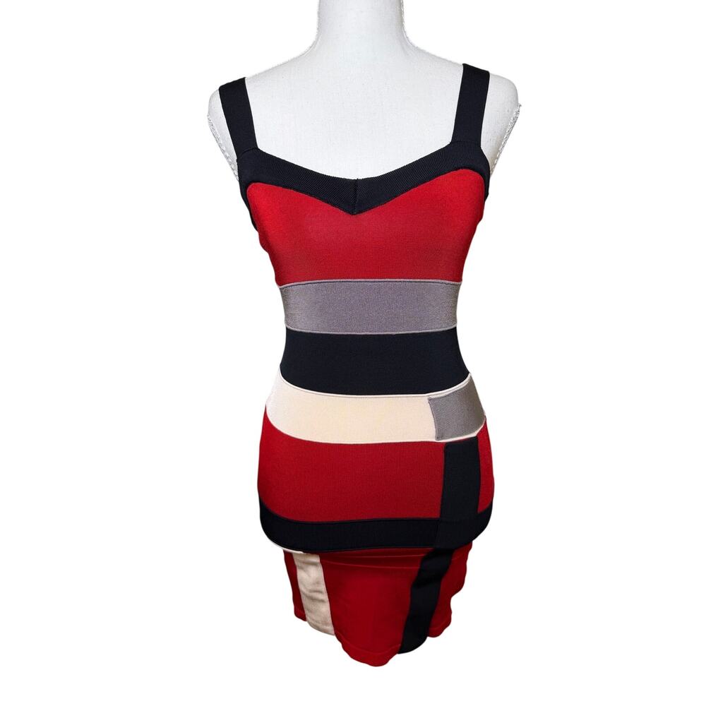 bebe Red Black Colorblock Bandage Bodycon Mini Dress Strappy Y2K